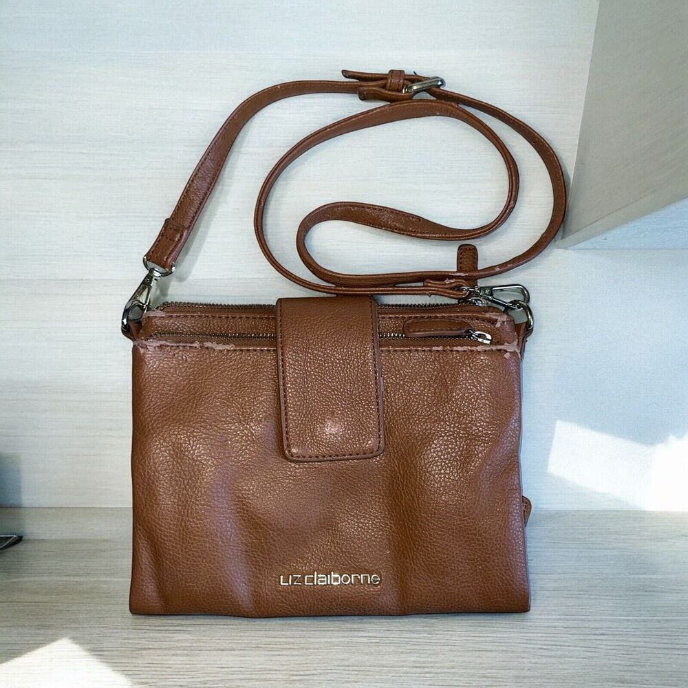 Liz Claiborne Cognac Brown Leather Messenger Bag Crossbody Purse Vintage 90s